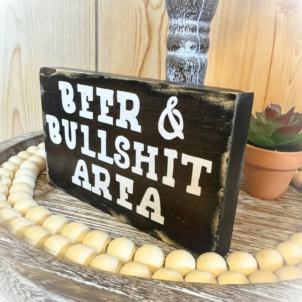 Beer & Bullshit Area Rustic‎ Wood Sign Basket Case Designs Man Cave Bar Decor